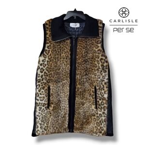 Per Se Carlisle Collection Faux Fur Leopard Print Vest with Zippered Pockets